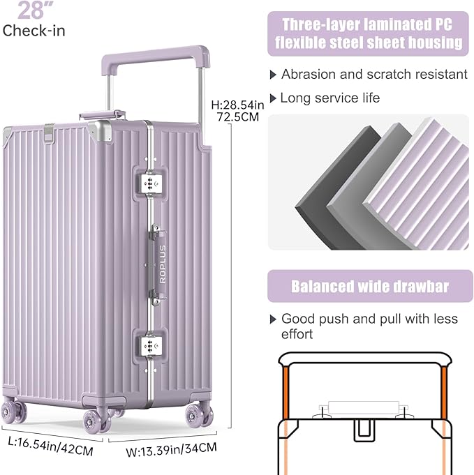 Aluminium Frame Checked-Luggage with Smooth Jelly Wheels, Hardside Zipperless Rolling Suitcase with TSA Lock (Purple, 28-Inch)