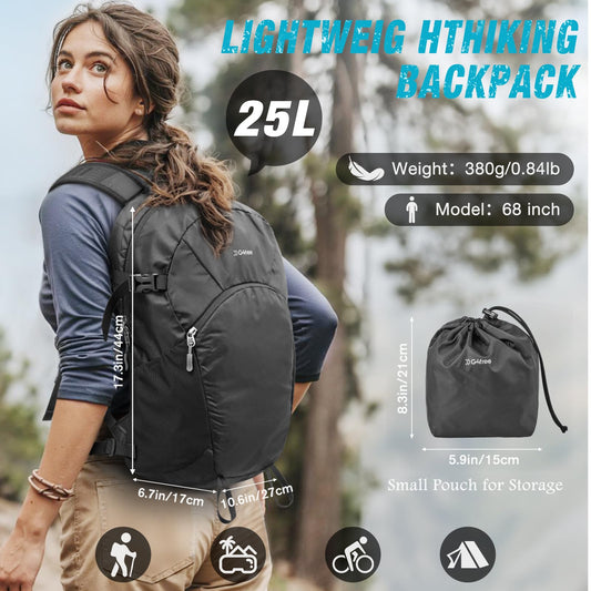 G4Free Hiking Backpack with Thickened Back Panel Packable 25L Lightweight Foldable Travel Daypack for Men Women(Black)