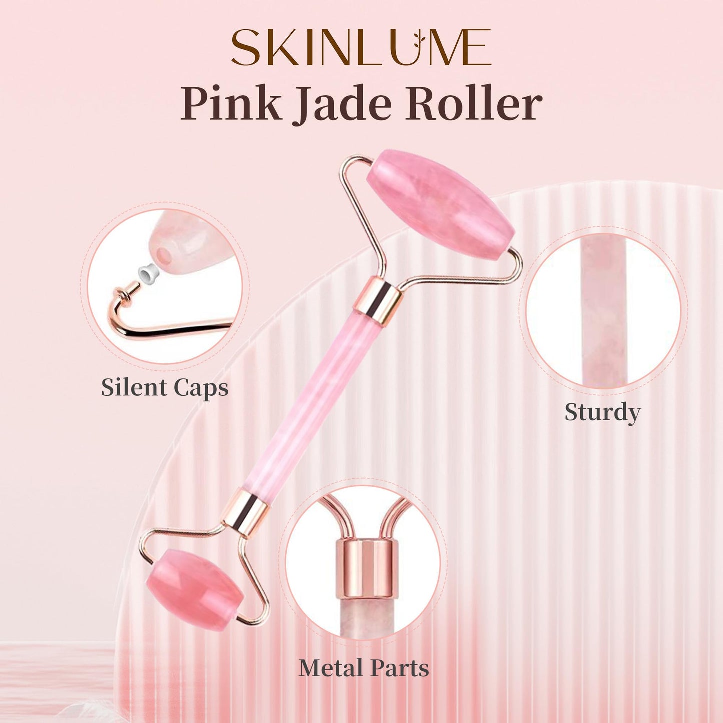 SkinLume Jade Roller Gua Sha Facial Tool - for Face Neck Eye Jawline, Reduce Puffiness and Tension, Gift Set for Men Woman 100% Natural Jade Stone (Pink)