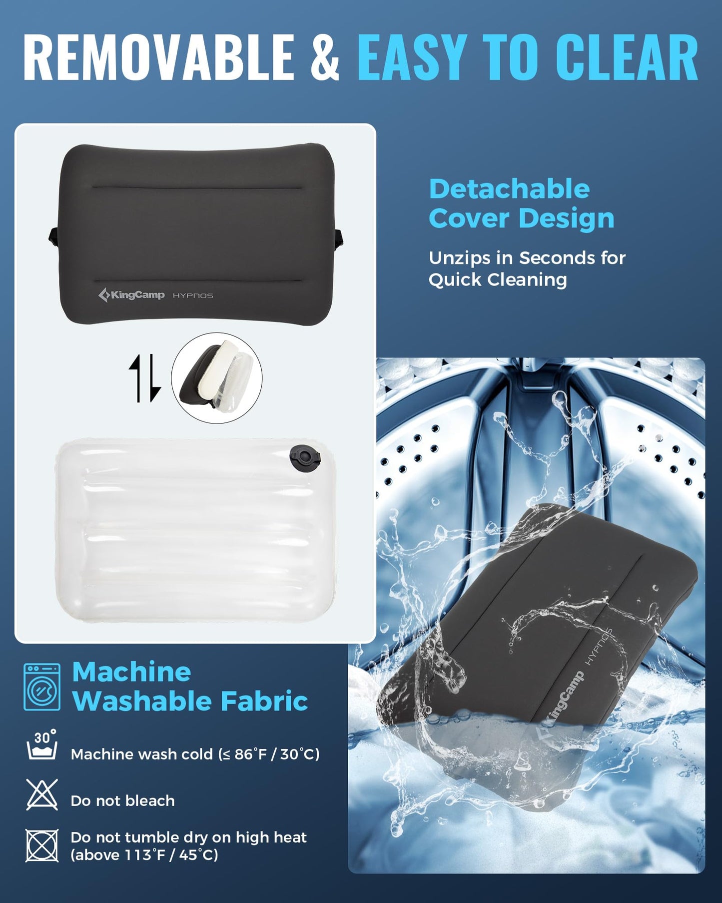 KingCamp Inflatable Pillow for Camping, Extra Large Inflatable Camp Pillow, Portable Ergonomic Air Pillow with Removable Washable Cover for Camping, Hiking, Car, Beach, Travel, Grey