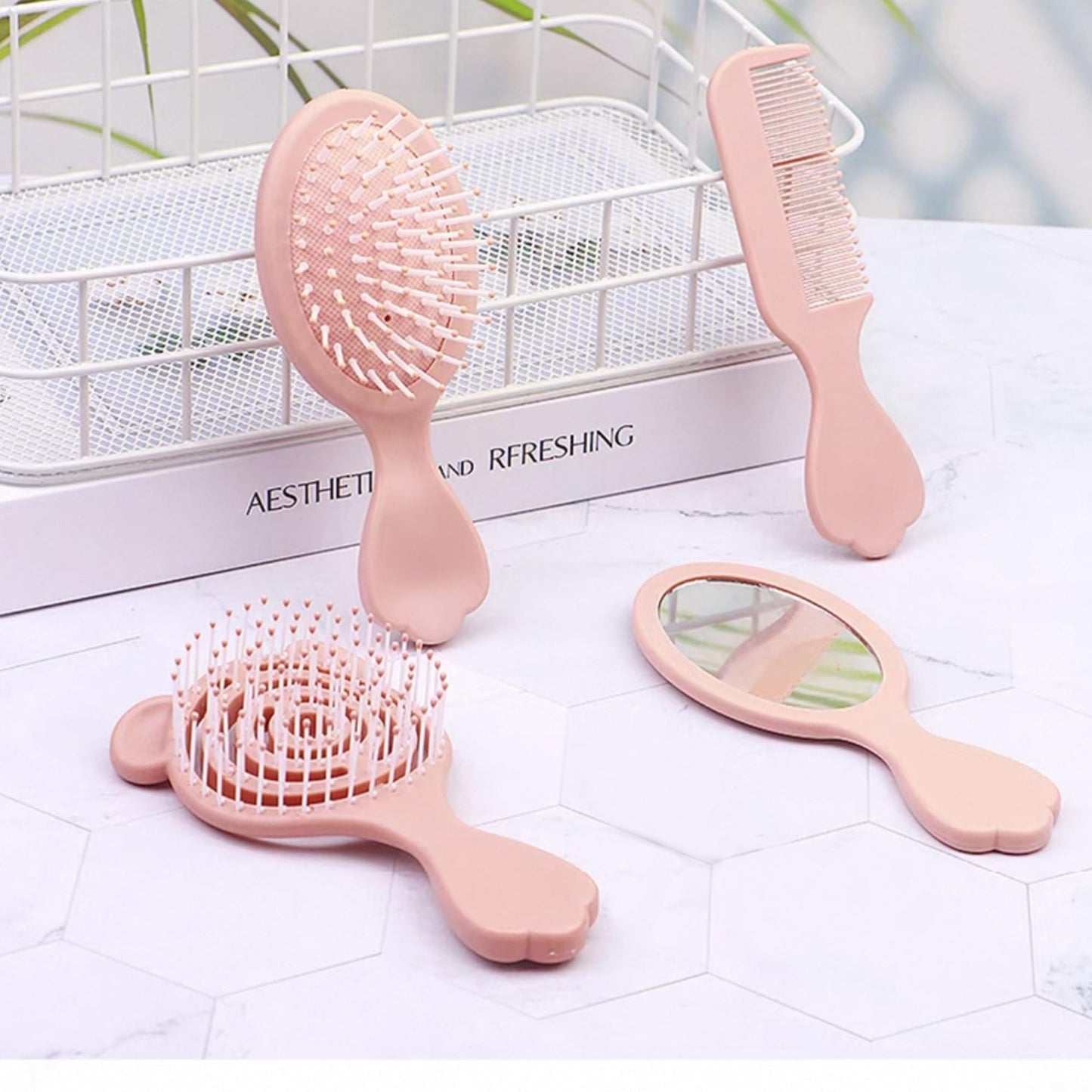 4 Pieces Mini Hair Brush Hair Comb Set For Women Girls Kids Toddler Small Travel Hair Combs Brushes Handheld Mirror Set Detangling Comb Massage HairBrush with Air Cushion (Pink)