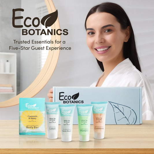 Eco Botanics Amenity Kit | Boxed Hotel Toiletries | Bulk Set .85 oz Travel Size Shampoo, Conditioner, Lotion, Body Wash & Body Bar Soap for Guest Hospitality AirBnB/Vacation Rentals | 15 sets per case