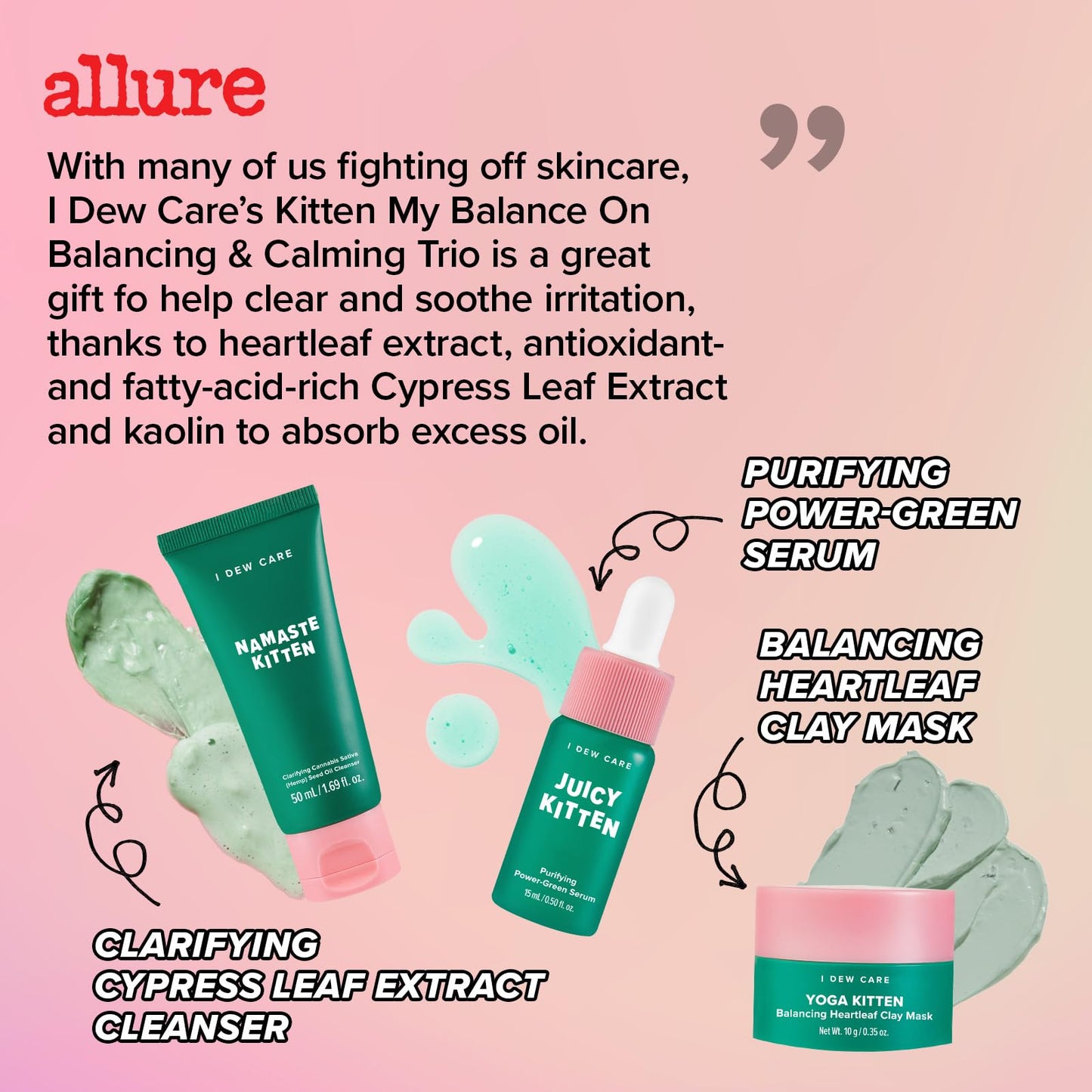 I DEW CARE Blemish Heartleaf Skincare Set - Kitten My Balance On | Foam Cleanser & Wash-off Mask & Serum, Clear and Soothe Irritation, Abosorb Excess Oil, Gentle Face Wash, Travel Size