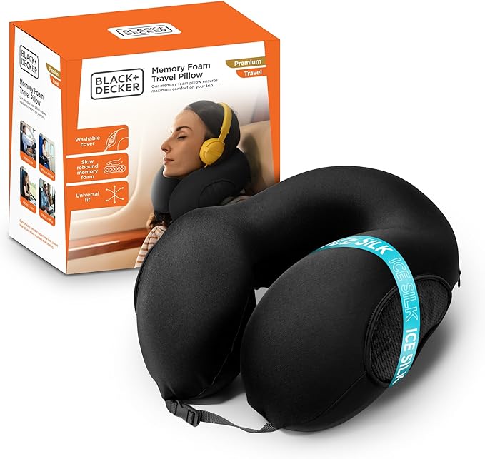 BLACK+DECKER Memory Foam Travel Neck Pillow Travel Pillow for Plane, Car & Train| Ice Silk Cooling Fabric, Ergonomic Design, Neck Support, Washable Cover,Black