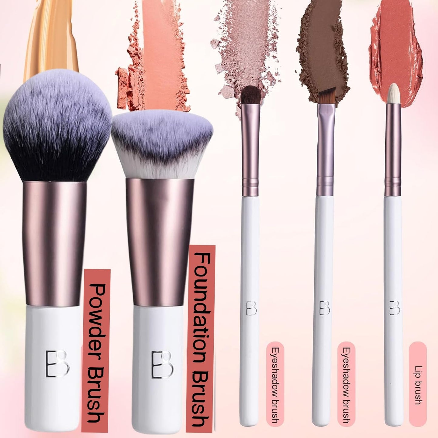 BS-MALL Travel Makeup Brushes Kabuki Premium Synthetic Foundation Powder Concealers Short Handle But Full Size 7 PCS with Triangle Puff & Storage Bag (Rose Pink)