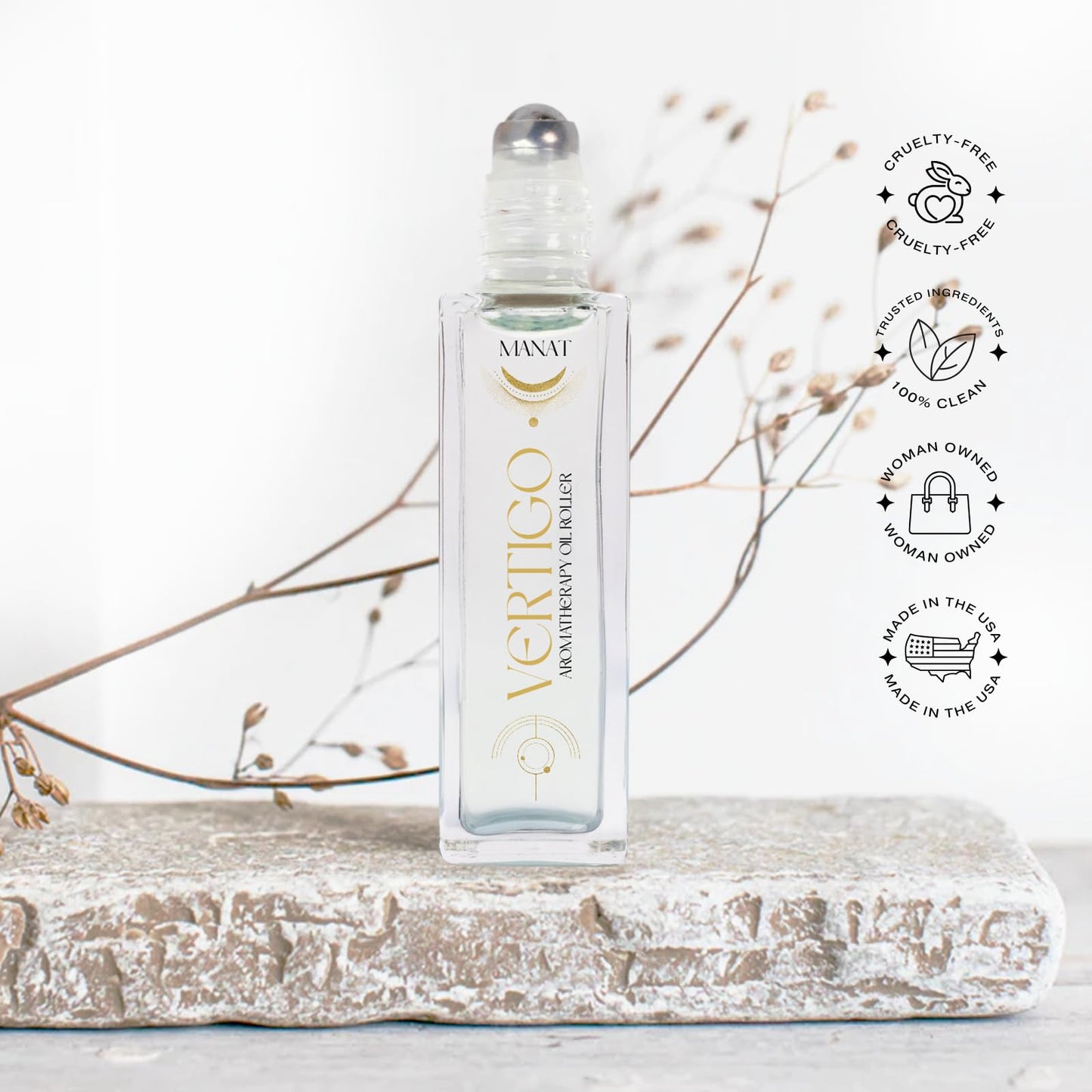 Manat Vertigo Essential Oil Roll On –100% Natural Aromatherapy – 10ml Glass Roller Ball – Dizziness Reduction, Blance & Clarity Blend w/Peppermint, Ginger & Orange - Relaxation, Self Care, Gift