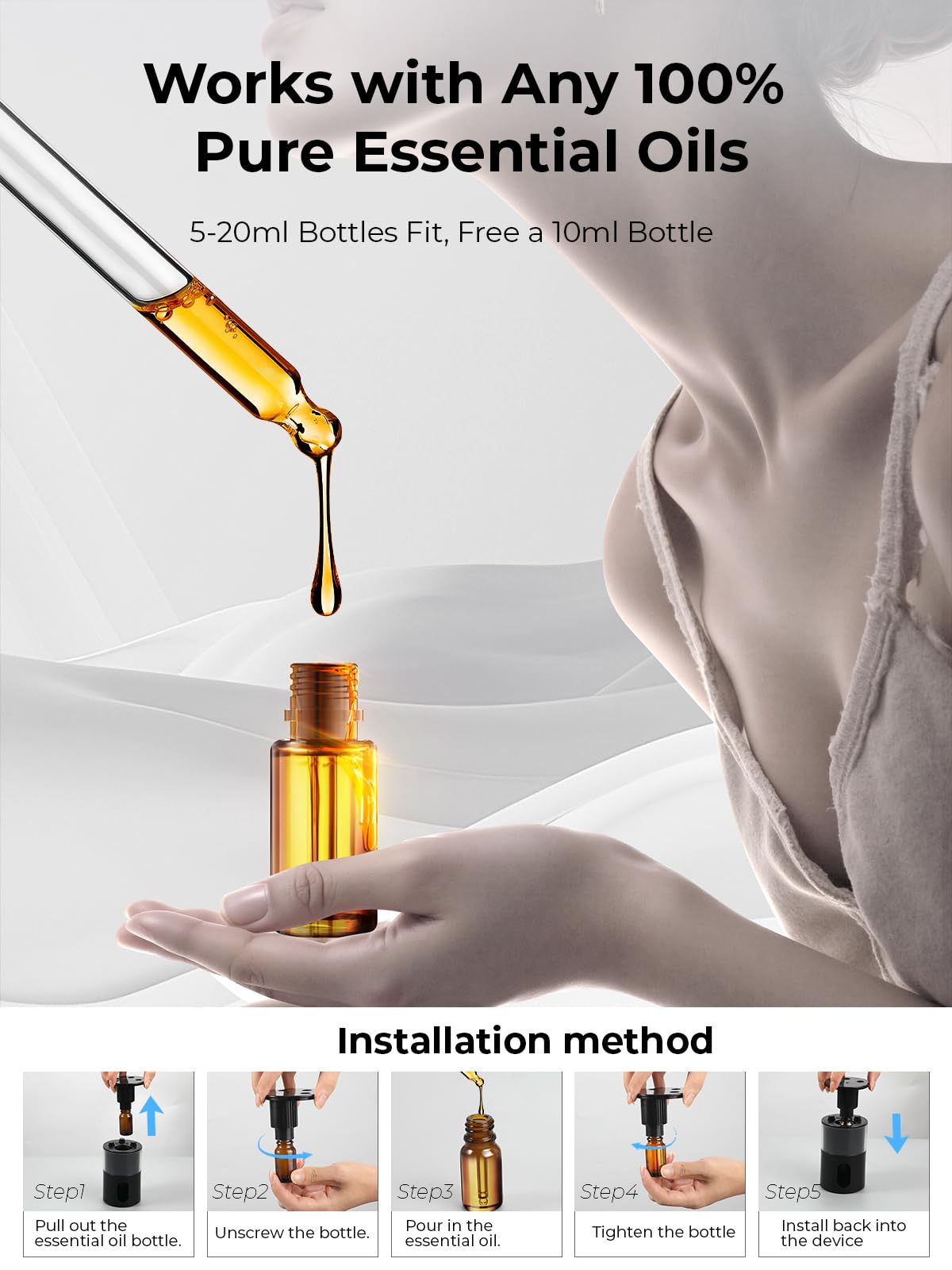 Pmsusoow Waterless Essential Oil Diffuser: Battery Mini Scent Diffusers for Home&Car with 8 Color LED Night Light — Cool Mist Aroma Machine Deep Black