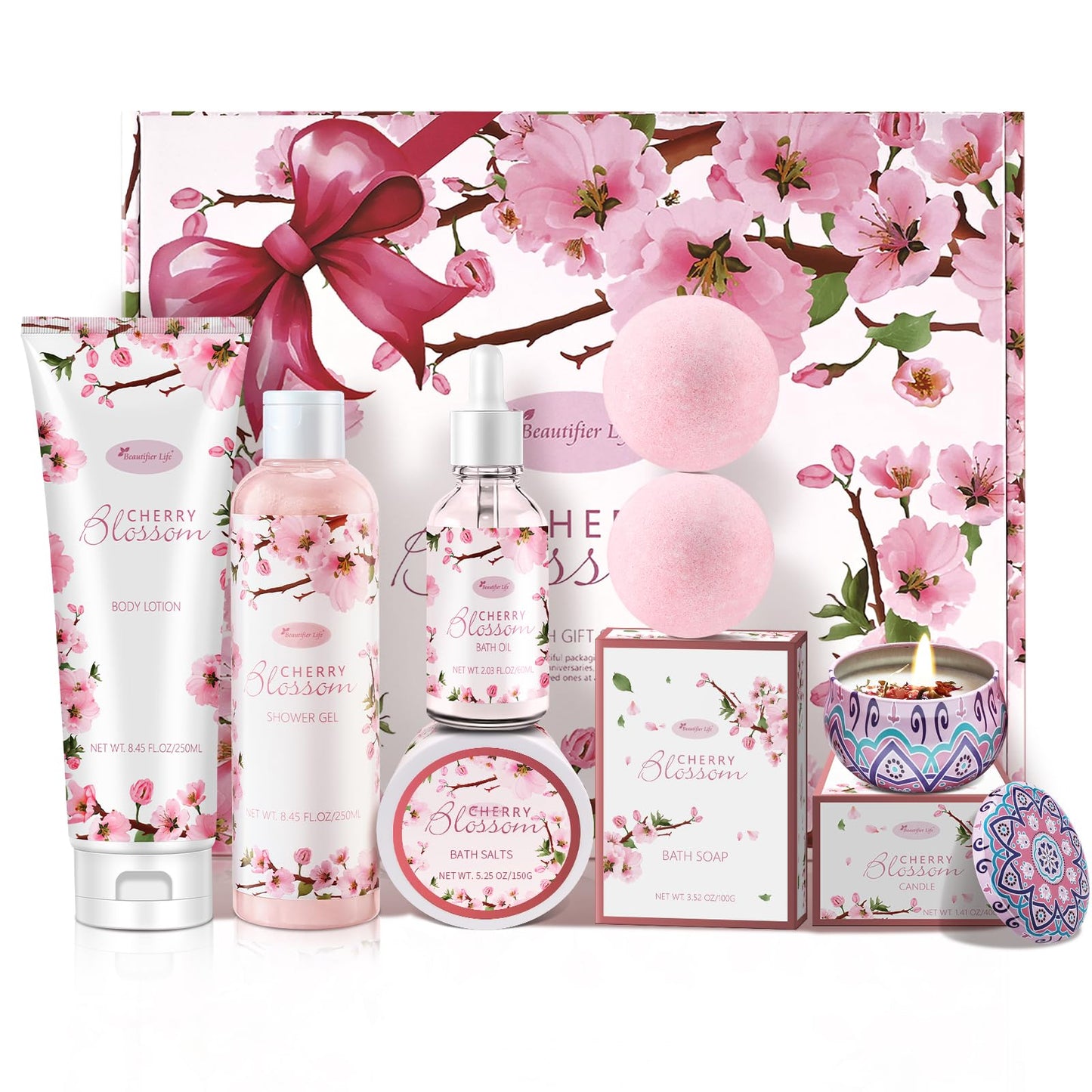 Bath and Body Gift Set for Women - Luxurious Home Spa Gift Set, Japanese Cherry Blossom Scented 7-Piece Set Including Shower Gel, Body Lotion, Bath Oil, Bath Salt, Soap, Bath Bombs, and Candle