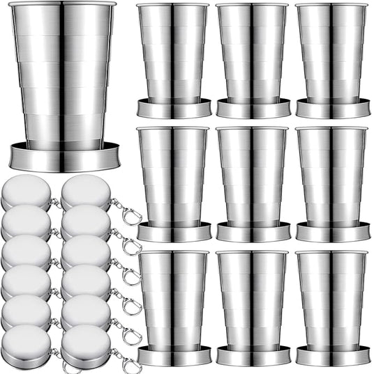 10 Pieces Collapsible Shot Glasses Stainless Steel Collapsible Cup Reusable Portable Travel Folding Cup with Lid and Keychain for Camping Hiking Cycling(5 oz)