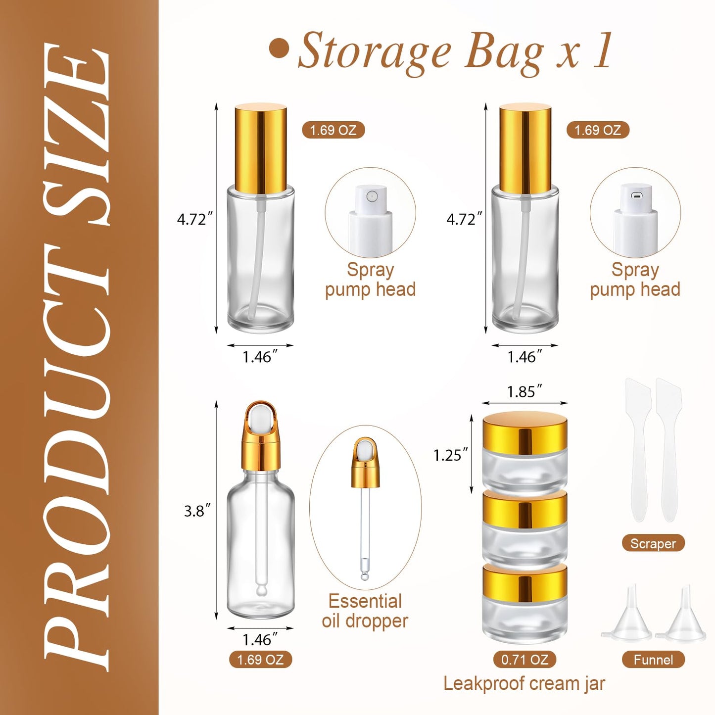 Qiyaz 11 Pcs Glass Travel Bottles with Clear Hard Zipper Case Skin Care Containers Travel Size Mini Makeup Containers Tsa Approved with Pump Spray for Liquid Toners Serum Cream(Gold,Style 1)