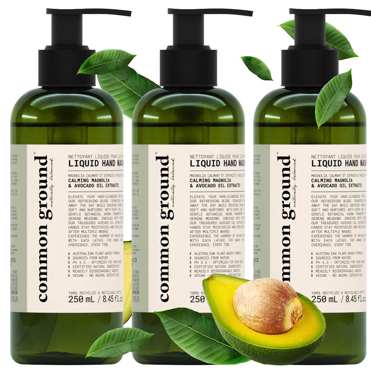 COMMON GROUND Natural Hand Wash Soap - Paraben & Cruelty Free - Daily - Vegan, Plant-Based, Avocado Oil - For All, Men, Women, Eczema, Sensitive Skin 8.4 Fl Oz (3 Pack)