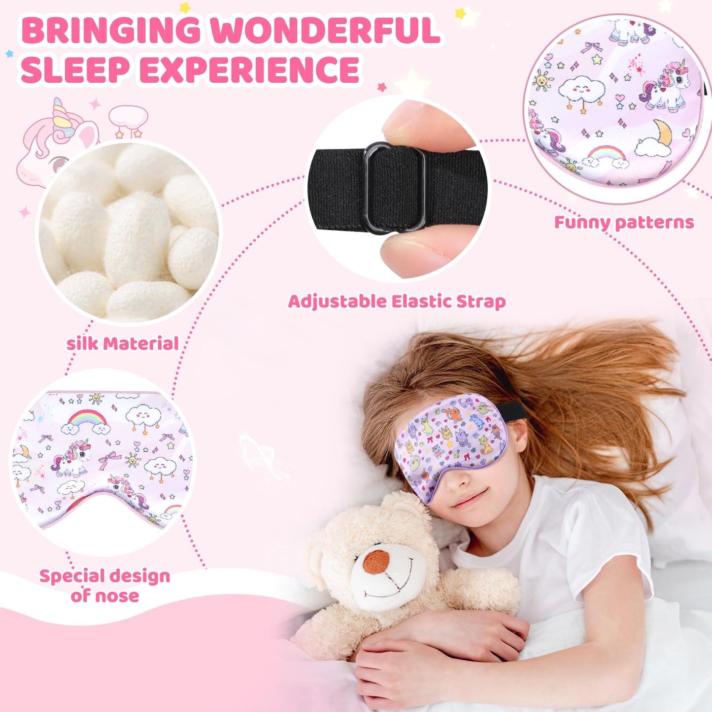 2 Pcs Sleep Mask for Kids Girls, Silk Eye Covers for Sleeping, Adjustable Strap & Light Blocking Design, Children's Bedtime Blindfold for Travel and Home Use (Rainbow Unicorn)