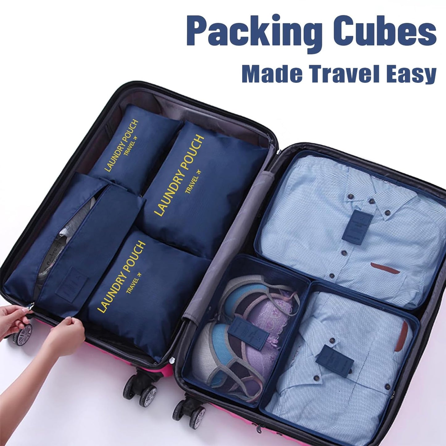 INVODA 7 piece Multi-size Packing Cubes for Travel Suitcase Organizer Bags Lightweight Travel Bags (Navy Blue)
