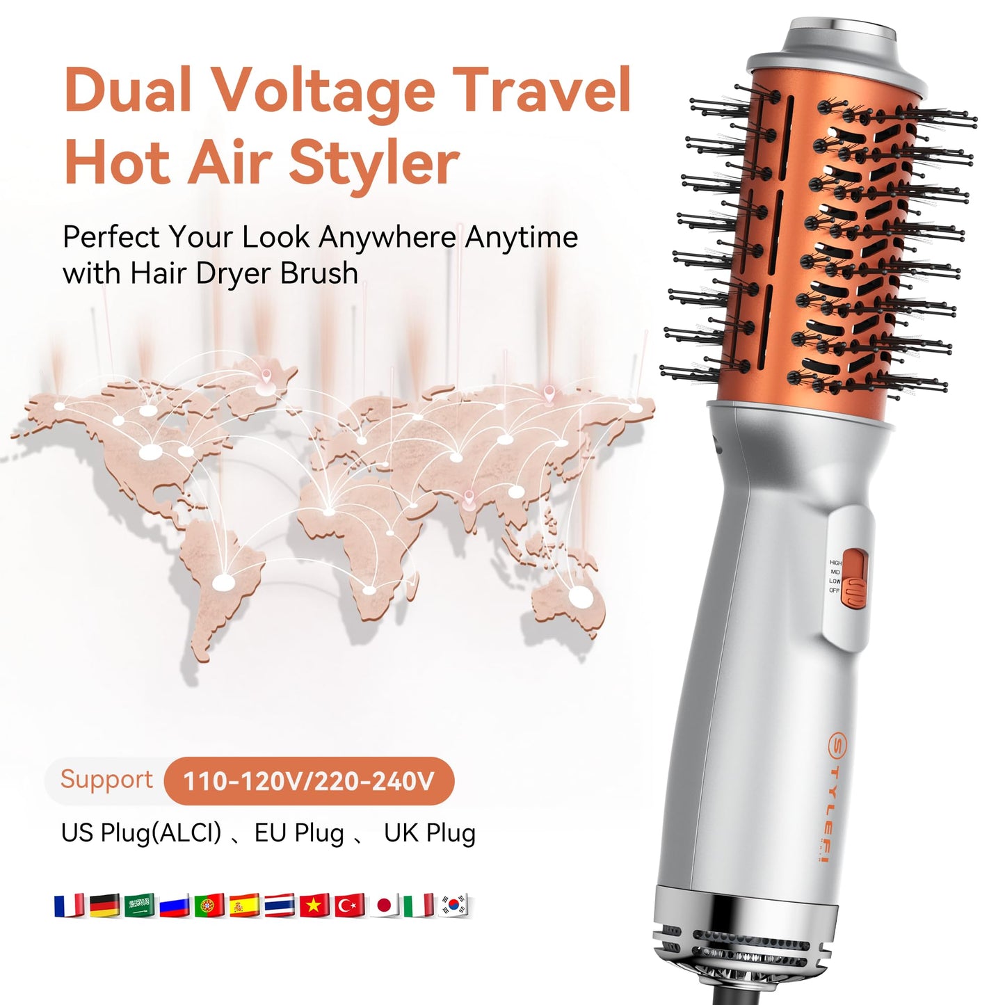 StyleFi Mini Hair Dryer Brush, 4 in 1 Travel Blow Dryer Brush, Double Voltage Hot-Air Hair Brushes with 3 Adjustable Temperatures,Fast Curly Hair Brush for Curling/Volumizing/Straightening/Styling