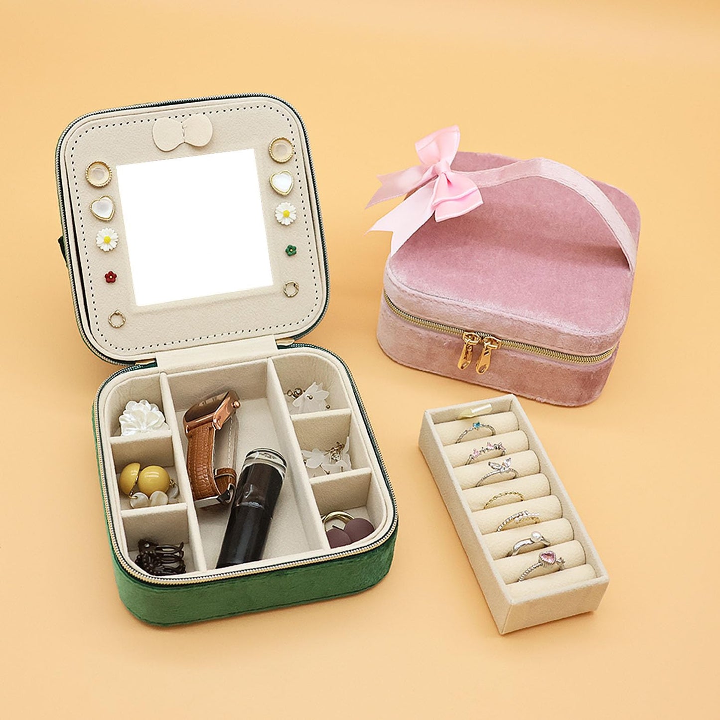 Cuifdem Travel Jewelry Case, Small Jewelry Box With Mirror, Velvet Travel Jewelry Organizer for Women, Jewelry Boxes for Women Storage Necklace Ring Earrings (Dark Green)