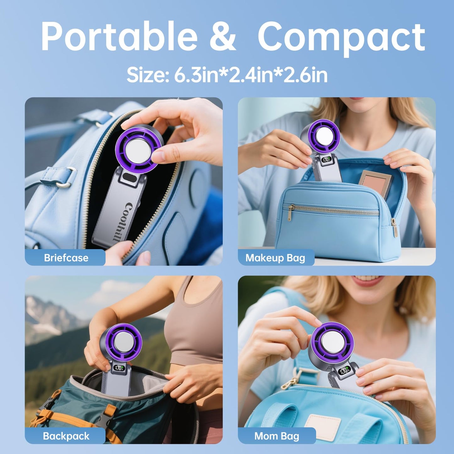 Coolhill Handheld Portable Fan with Ice Cooler: 100-Speed 5500mAh Rechargeable Handheld Fan, 12H Time Hand Cooling Personal Fans with 20000 RPM Air Turbo Tech for Travel Outdoor (Purple)