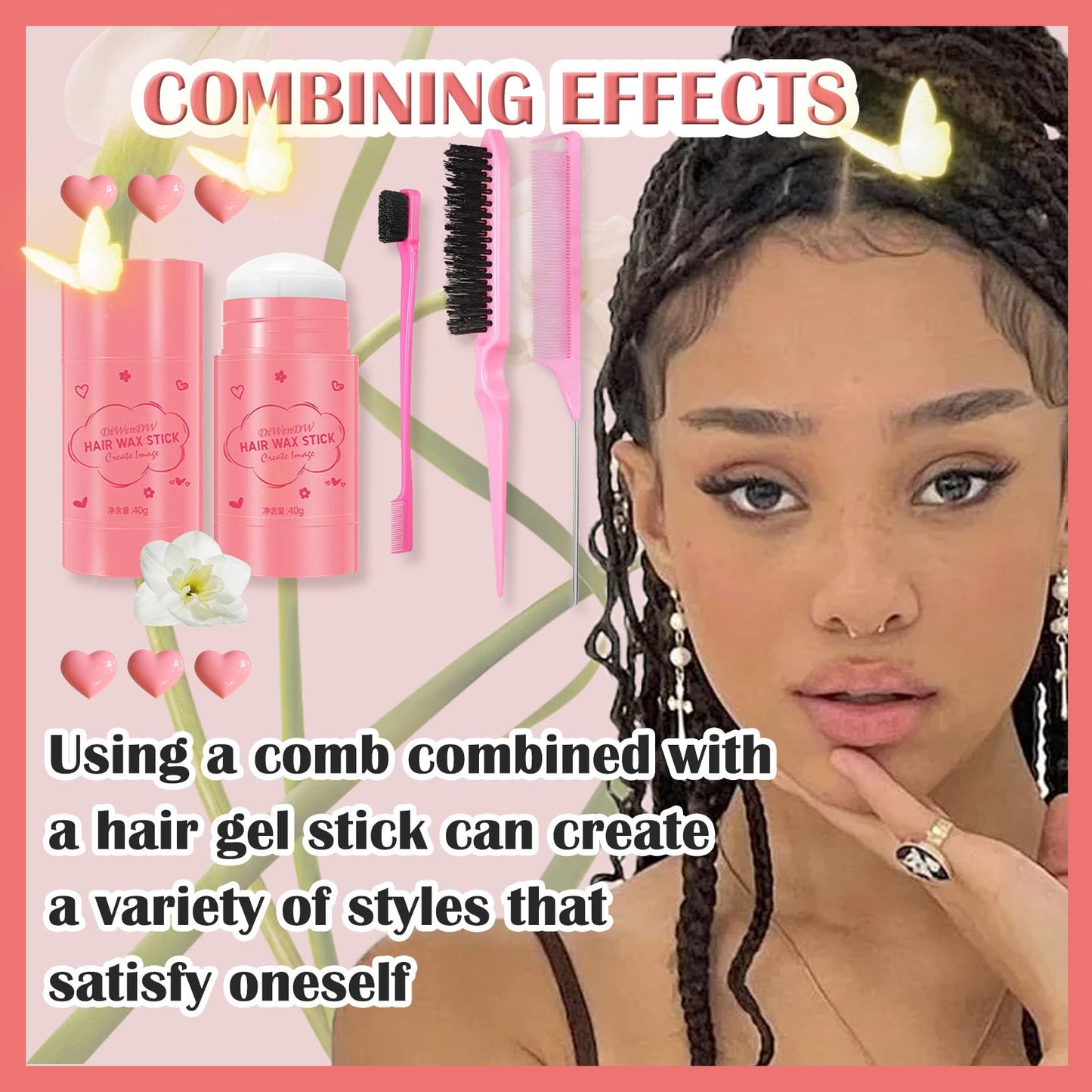 Hair Wax Stick & Hair Styling Combs Set 4 Pcs,Moisturizing Non-Greasy Hair Styling Wax Stick for Edge Control on Wigs And Hair,Lightweight Hair Slick Balm Stick for Flyaways Edge Frizz Hair