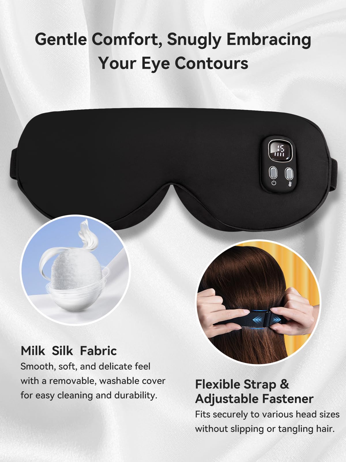 Heated Eye Mask for Dry Eye Relief, Cordless Warm Compress Sleep Mask with 4 Heat Settings & Timer, Rechargeable Silk Eyes Warmer for Migraine, Travel, Women Men Black