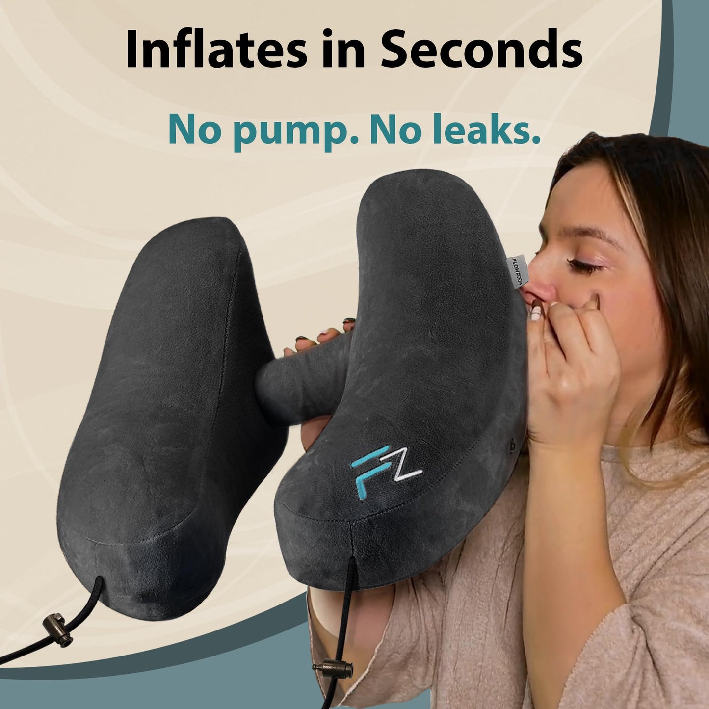 FLOWZOOM Air Inflatable Neck Pillow for Traveling on Plane - H-Shape Hooded Airplane Pillow with 5 Snooze Modes, Fast Inflation, Pressure Control, Cozy Clip-On Hood & Plushy Cover - Size L, Jet Black