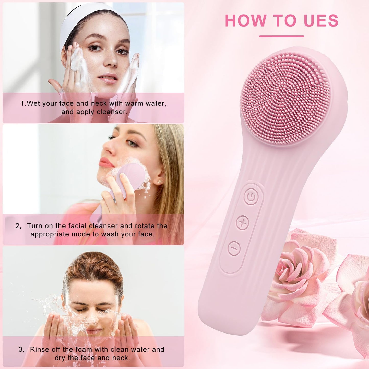 Feoflen Silicone Face Scrubber Exfoliator, Silicone Face Wash Brush for Men & Women, Ipx7 Waterproof Rechargeable Facial Cleaner for Deep Cleansing, Exfoliating, Massage Face Scrubber (Pink)