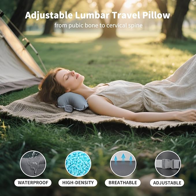 Mixtrend Travel Lumbar Pillow Inflatable Lumbar Support Pillow with Memory Foam, Back Support Pillow for Airplane Long Flight, Essential Travel Support Pillow for Women Men Kids(Chrcoal Grey)