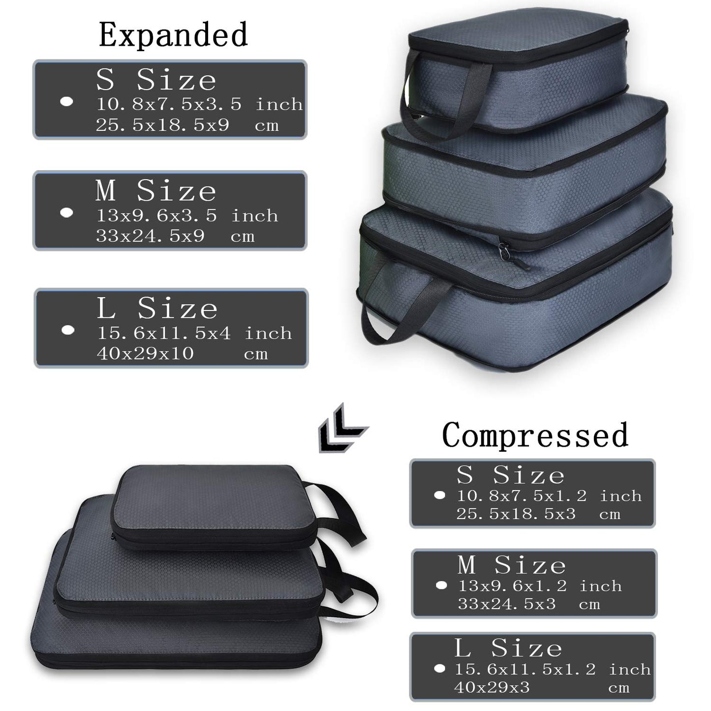 YZAOLL 3 Set/6 Set/7 Set Compression Packing Cubes Travel Accessories Expandable Packing Organizers,Travel Essentials for Carry on 3 Set Gray