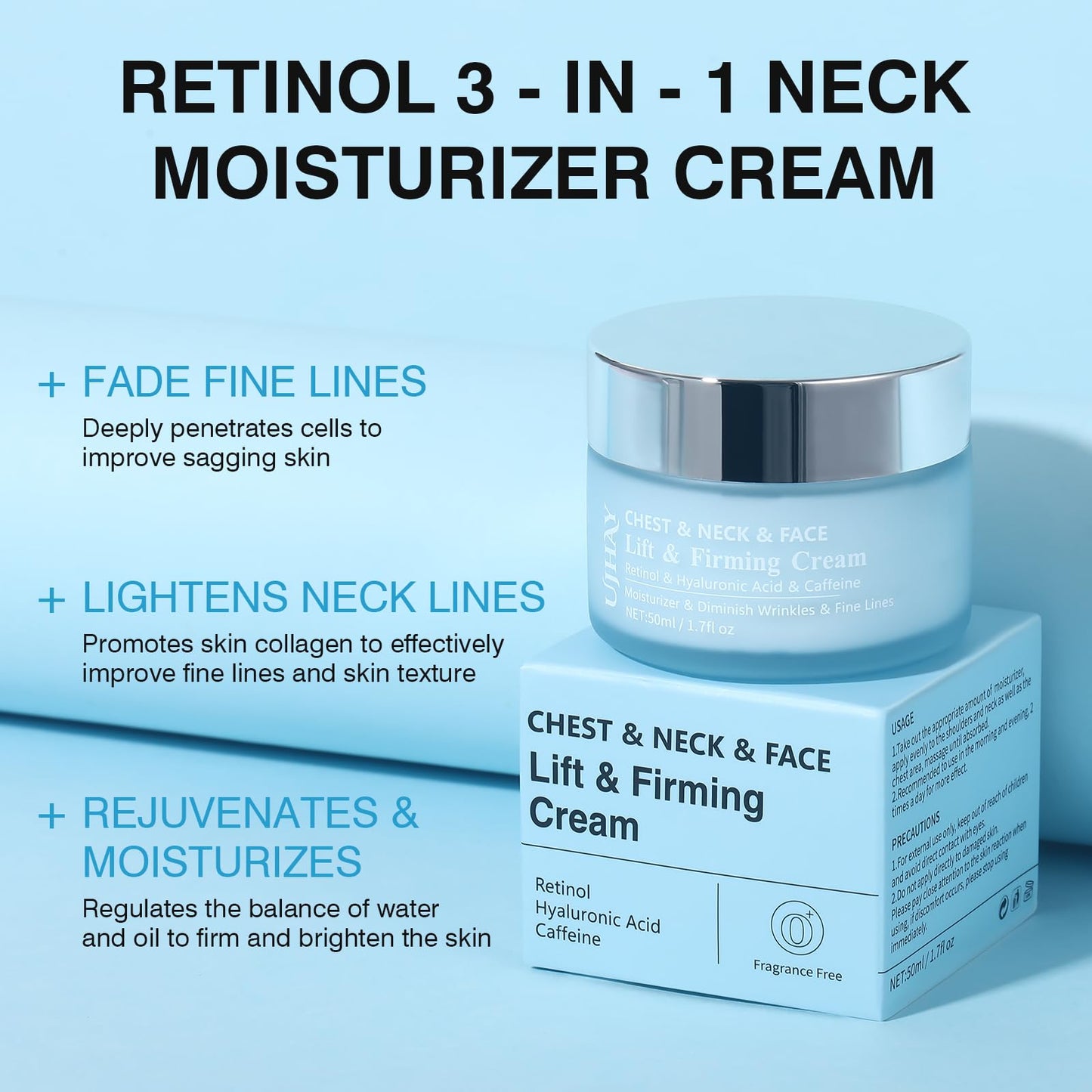 UJhay Retinol Neck Cream, Hyaluronic Acid and Caffeine Enriched Neck Firming Cream to Minimize Fine Lines & Dullness - 3-in-1 Moisturizing Cream for Neck, Chest and Face (50 ml/1.7 oz)