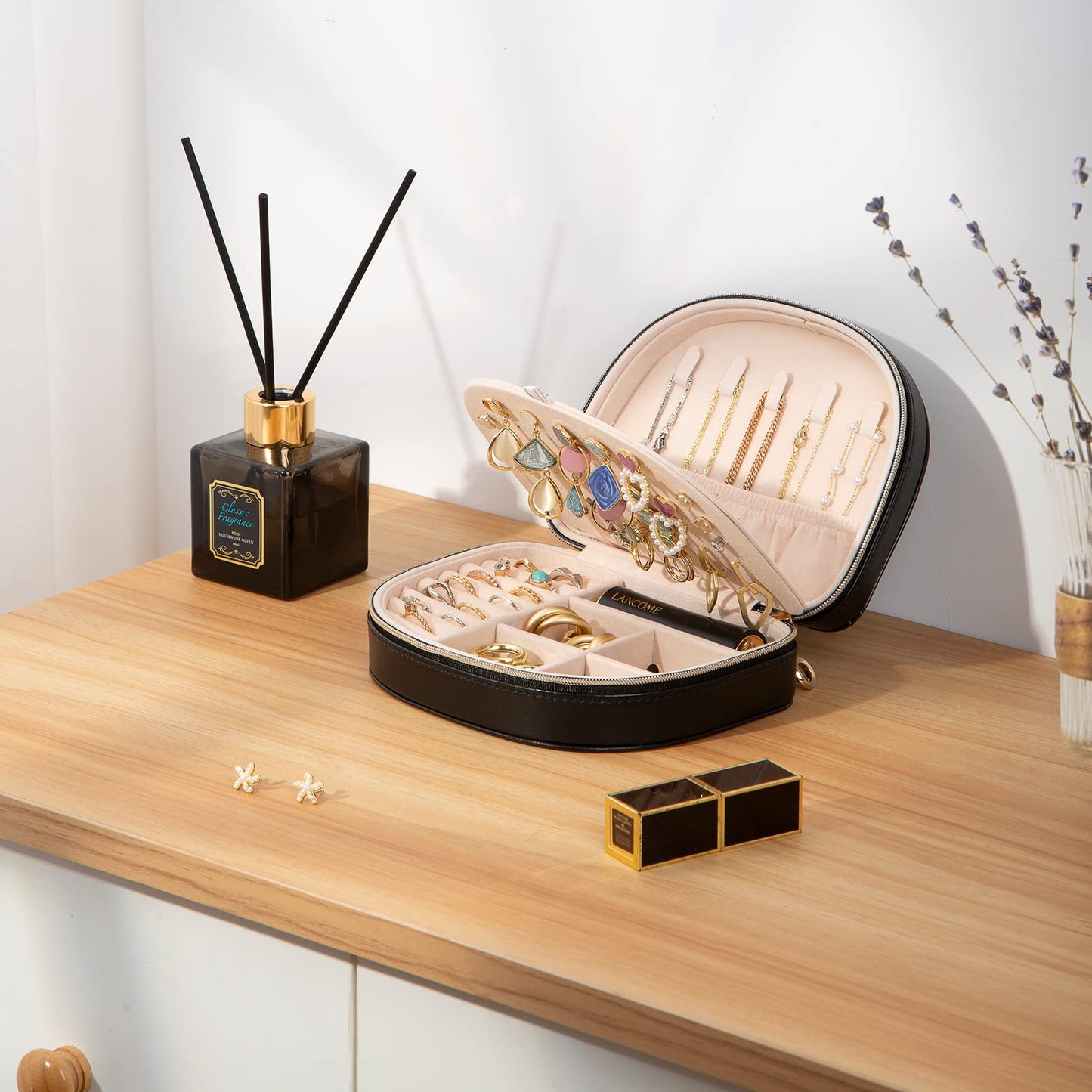 ProCase Travel Size Jewelry Box, Medium Portable Seashell-Shaped Jewelry Case, 2 Layer Jewelry Organizer in PU Leather for Women -Black