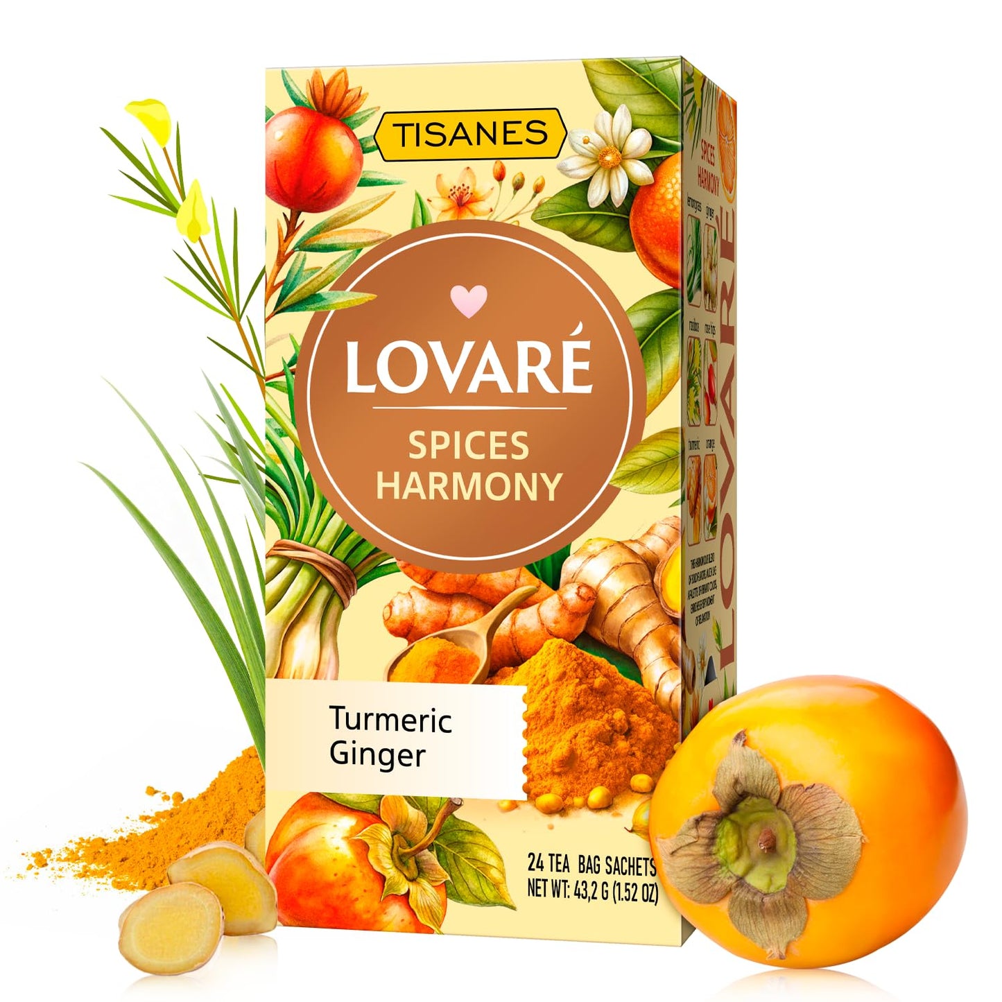 LOVARE Spices Harmony Herbal Tea, Caffeine-Free Fruit & Spice Infusion, Persimmon + Mandarin, 24 Individually Wrapped Bags (1.8 g each), Made in Ukraine (SPICES HARMONY)