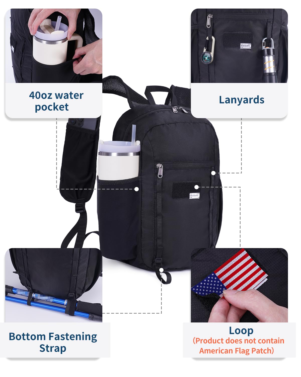 Blue Quartz 15L Small Hiking Backpack with Chest Pockets for Phone, Ultralight Hiking Daypack with Sternum Straps, Lightweight Foldable Packable Back Pack for Women Men(patent pending)