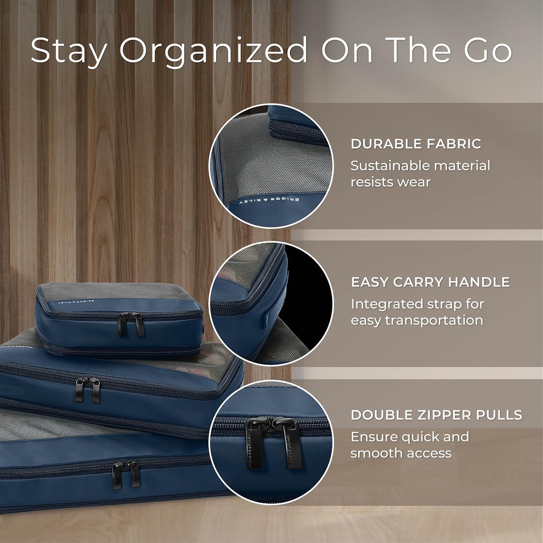 Briggs & Riley Compression Packing Cube Set - Bag Organizer for Check In Suitcase & Luggage, For Women & Men, Pack Accessories for Vacation - Travel Must Haves, 3-Piece, Navy