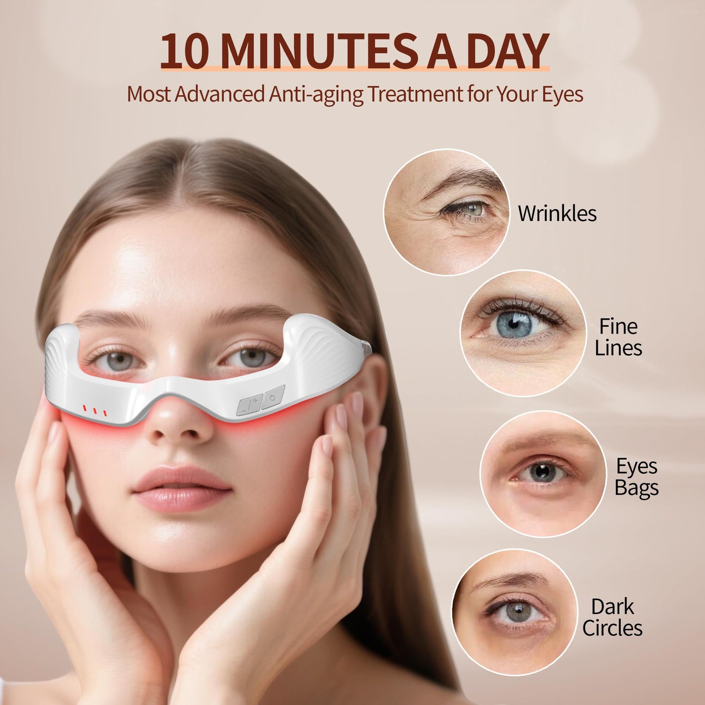 Queleay Under Eye Red Light Therapy Device, 650nm Red Light Therapy Eye Massager for Relieve Eye Bags, Eye Fatigue, Dark Circles, with Glasses Strap, Light-Weight, Hands-Free Use