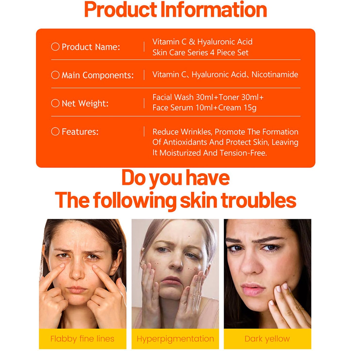 DISAAR BEAUTY Vitamin C Organic Orange Extract Skin Care Set Facial Wash Toner Serum Face Cream Moisturizing Reduce Wrinkles Hydrate 30ml+30ml+10ml+15g 4PCS