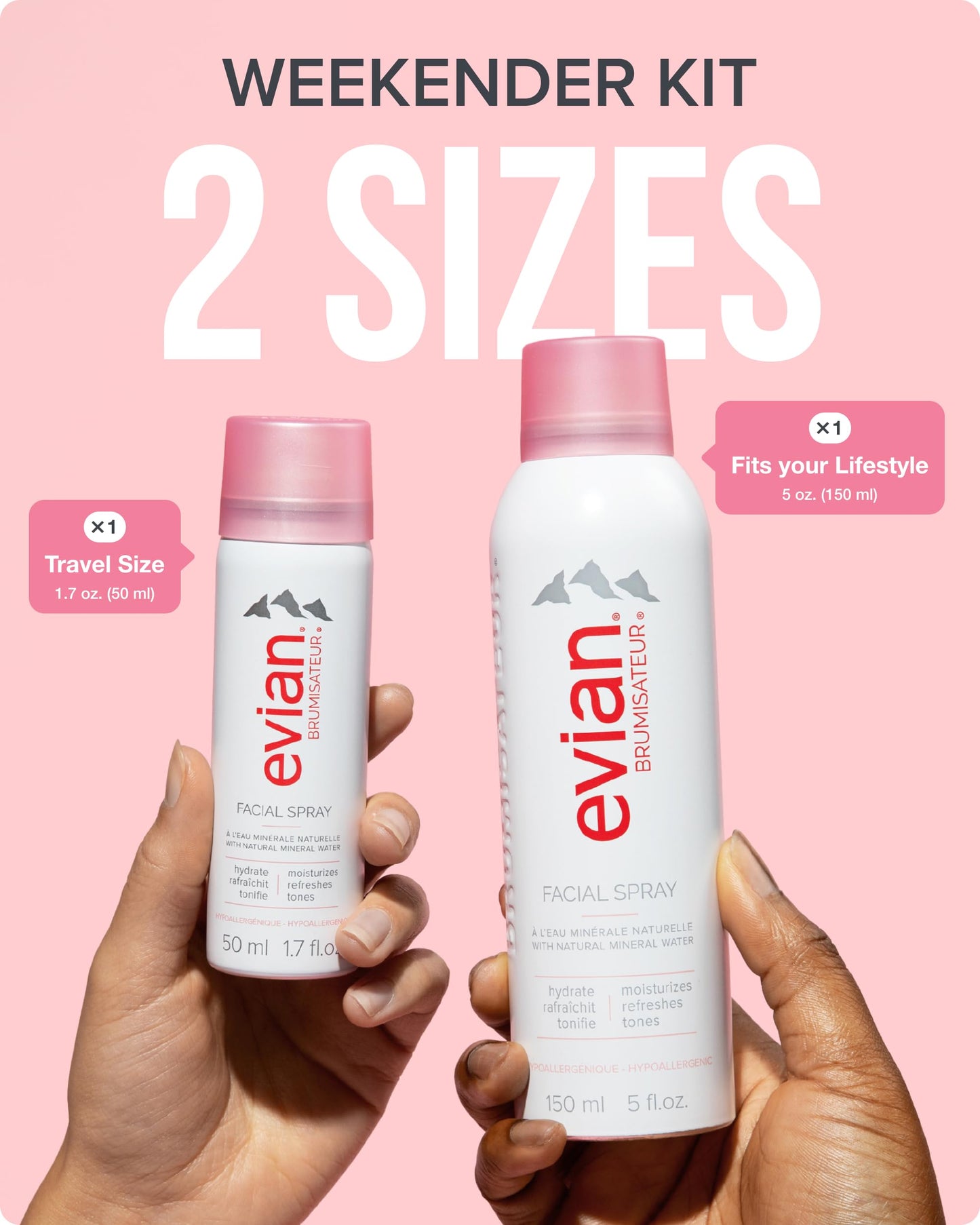 Evian Facial Spray Weekender Kit - Hydrating Mineral Water Mist for Face & Skin - Refreshes Makeup, Sets, & Tones - Travel-Friendly Size for Weekend Hydration and Skincare Essentials