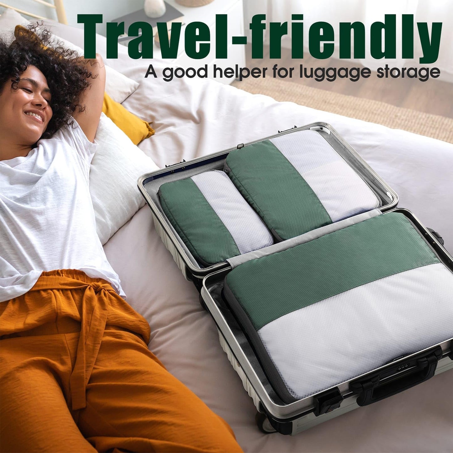 Kookoomia 6 Set Compression Packing Cubes for Travel, Bonus Versatile Drawstring Backpack, Lightweight Luggage Organizer Bags, Sturdy Travel Accessories for Suitcase, Dark Green