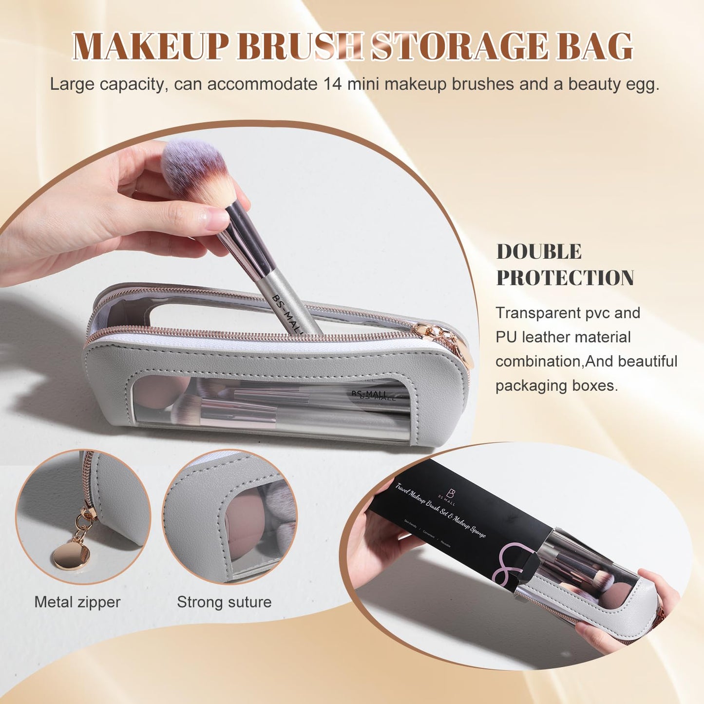 BS-MALL Makeup Brushes Set 14 Pcs with 1 Pcs Makeup Sponge – Essential Foundation Powder Concealers, Eye Shadows, Blush Makeup Brushes with Travel Makeup Case (Champagne)