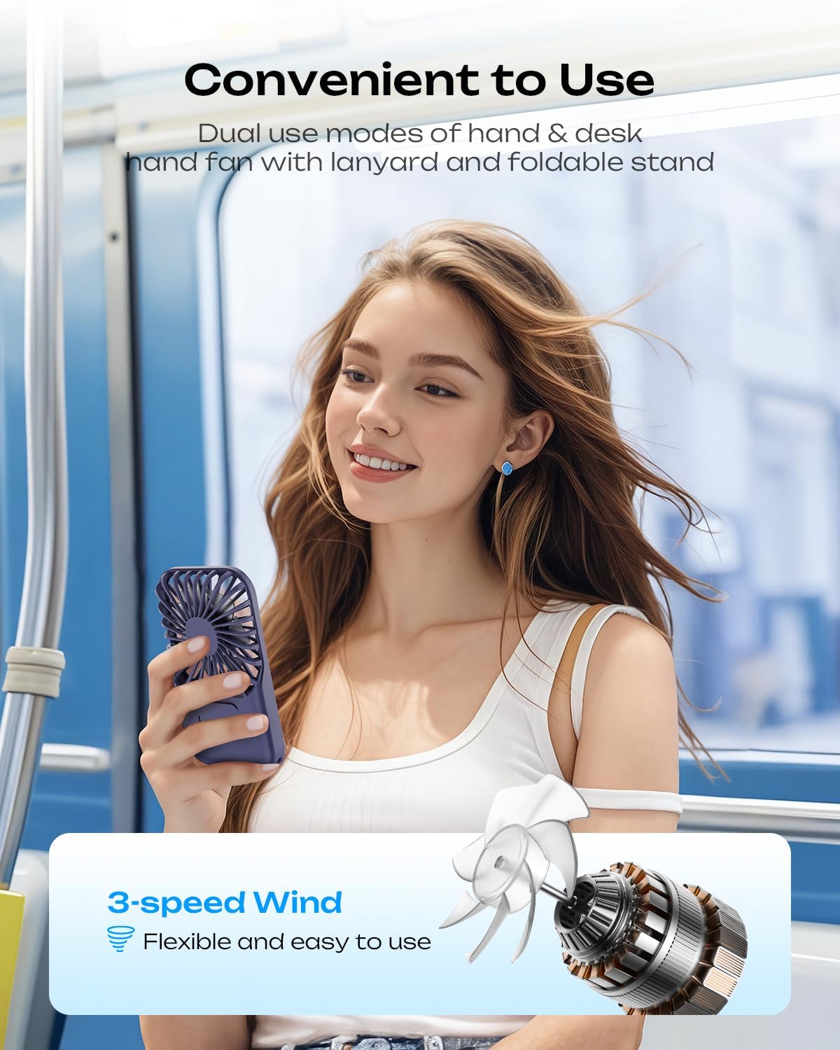 Otlonpe Rechargeable Mini Portable Handheld Fan, Small Personal Battery Powered Handheld Portable Fans for Hand Held Desktop Travel, Foldable Stand, Slim Cordless, Wrist Strap, 3-Speed (Blue)