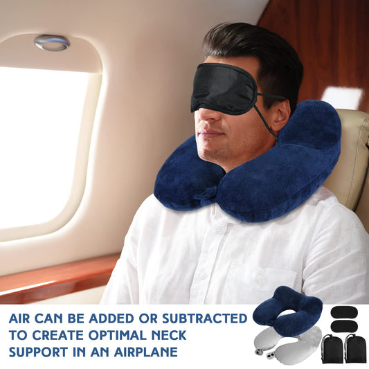 Sintuff 2 Pack Inflatable Travel Pillow for Airplanes Inflatable Neck Flight Pillows with Compact Bag and Blindfold for Traveling, Airplane, Train, Car, Office(Gray and Blue)