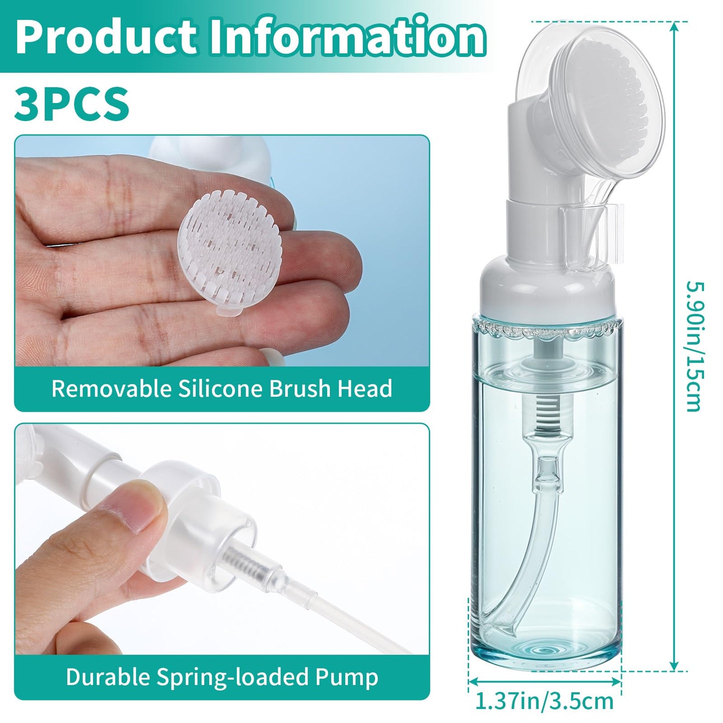 3Pcs 2oz Empty Facial Cleanser Foaming Bottle Mousse Foam Gel Head Wash Brush Foam Bottle Pressure Type Cleansing Milk Beater Mini Foaming Soap Pump Dispenser for Travel Hand Soap Lash Clean Shampoo