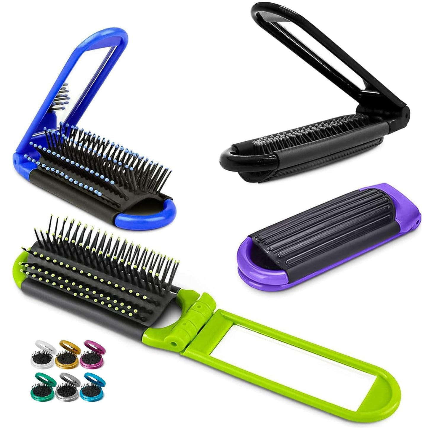 4 Pcs Travel Hair Brush - 4.25x1.49" Folding Hair Brush with Mirror and Flexible Nylon Bristles, Lightweight Travel Comb for Women - 4 Colors Pack, Foldable Hairbrush for Styling on the Go
