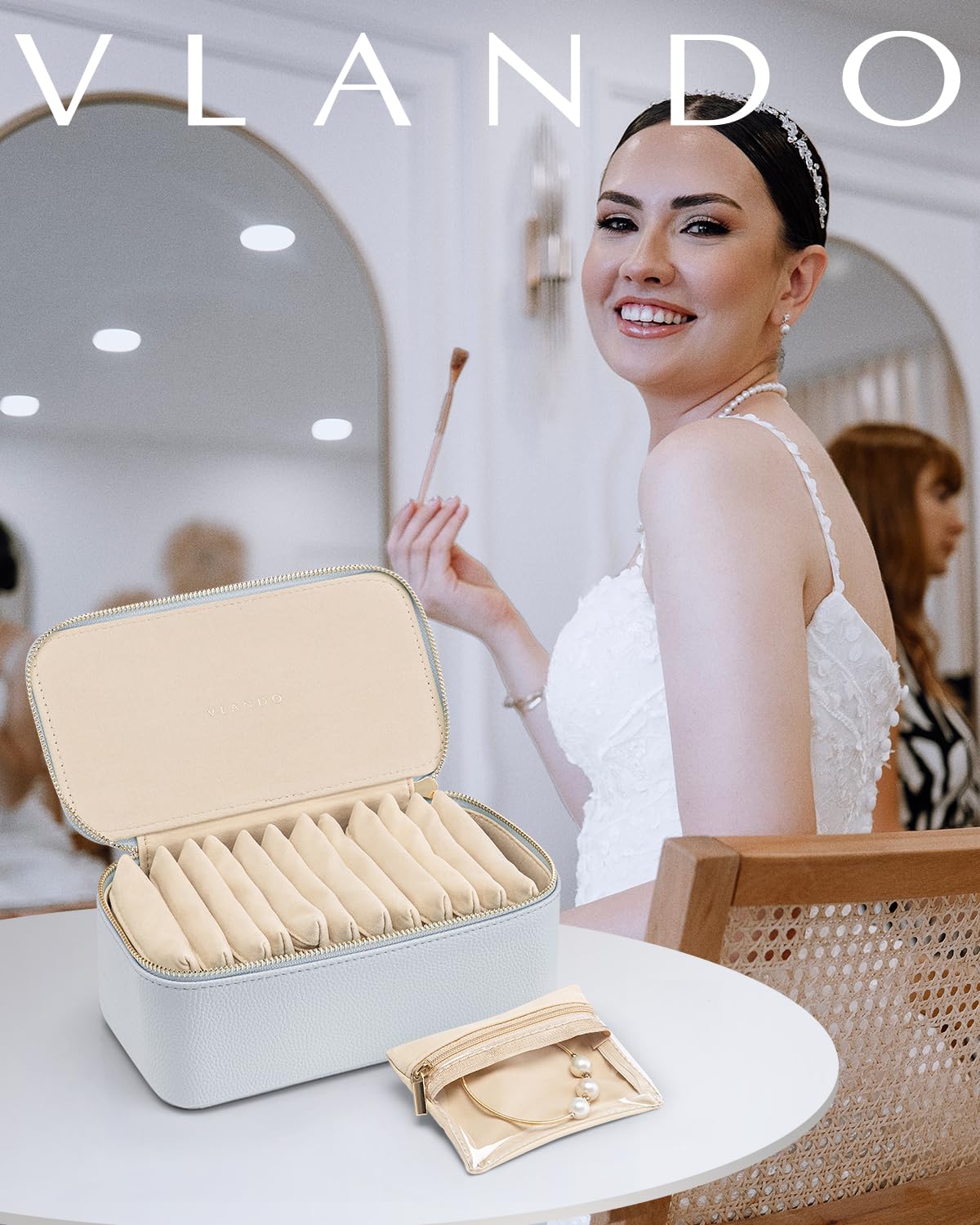 Vlando Travel Jewelry Case,Jewelry Organizer with 12 Pcs Velvet Jewelry Pouches, PU Leather Jewelry Box for Travel Accessories Birthday Christmas Gifts for Women Girls-Baby Blue