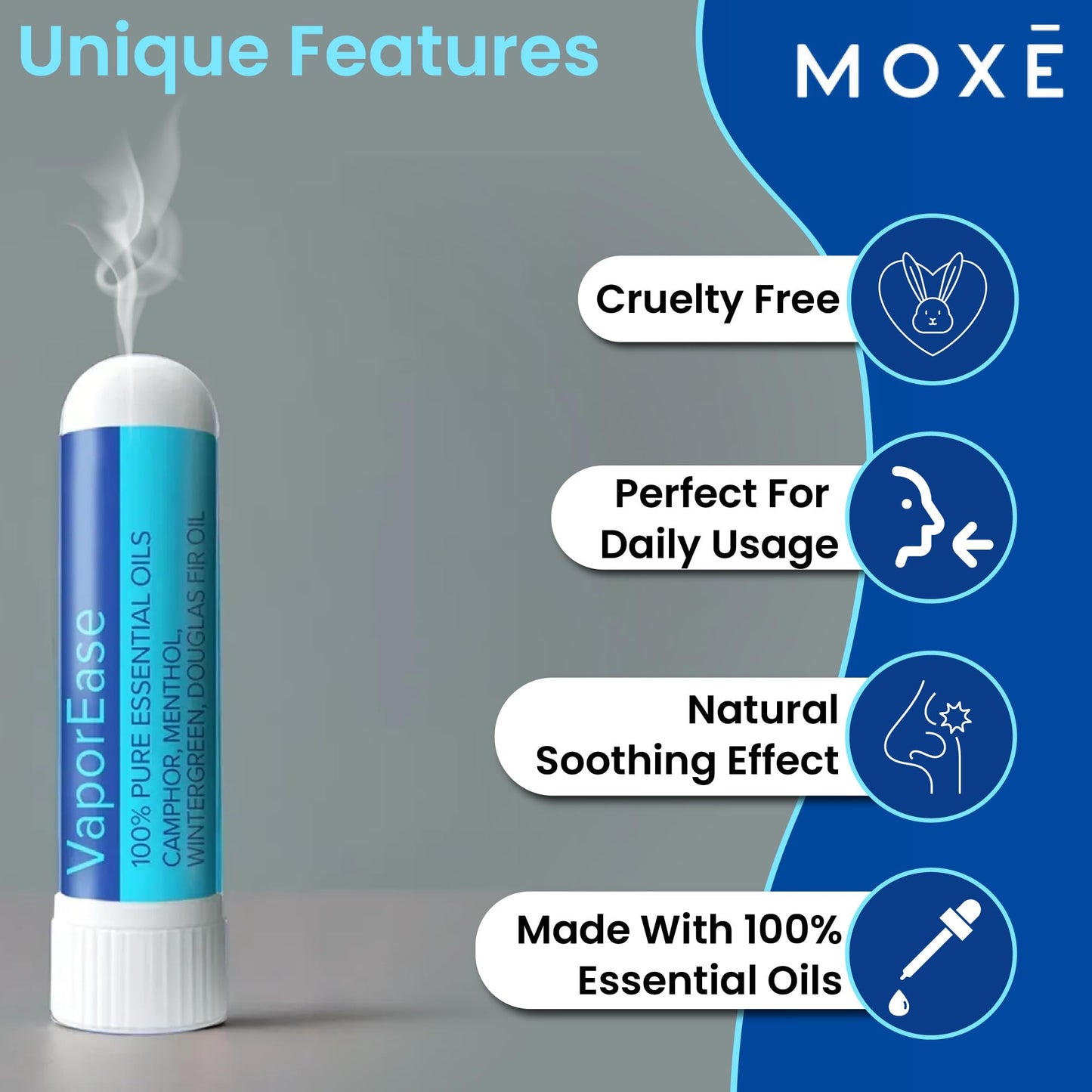 MOXE VaporEase, Portable Nasal Inhaler On-The-Go, Non-Medicated, Made in USA, Soothing and Refreshing Vapors, Menthol Scent, 3 Pack