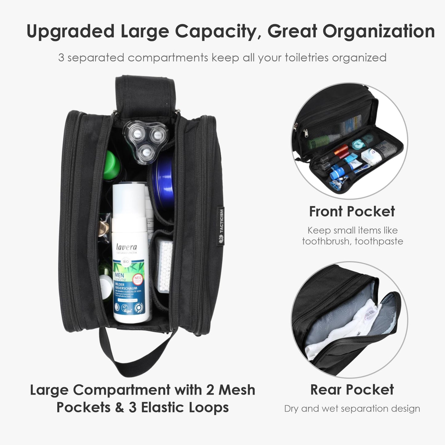 TACTICISM Toiletry Bag for Men - Extra Large Dry Wet Separate Dopp Kit, Tactical Molle Travel Toiletry Bag, Water-Resistant Shaving Bag for Adult, Black