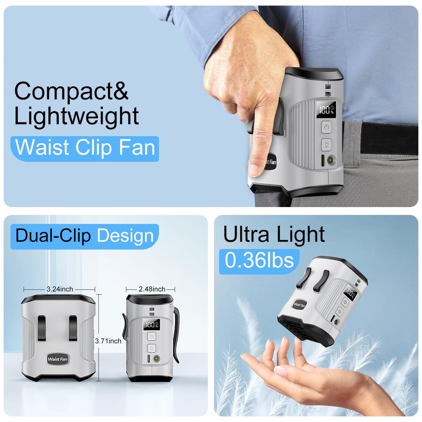 dalicode Portable Waist Fan Clip on Belt Personal Fan, 3-Speed Rechargeable with 24H Battery, Hands-Free Hanging Neck Fan, Wearable Shirt Cooling Fans for Camping, Outdoor, Jobsite