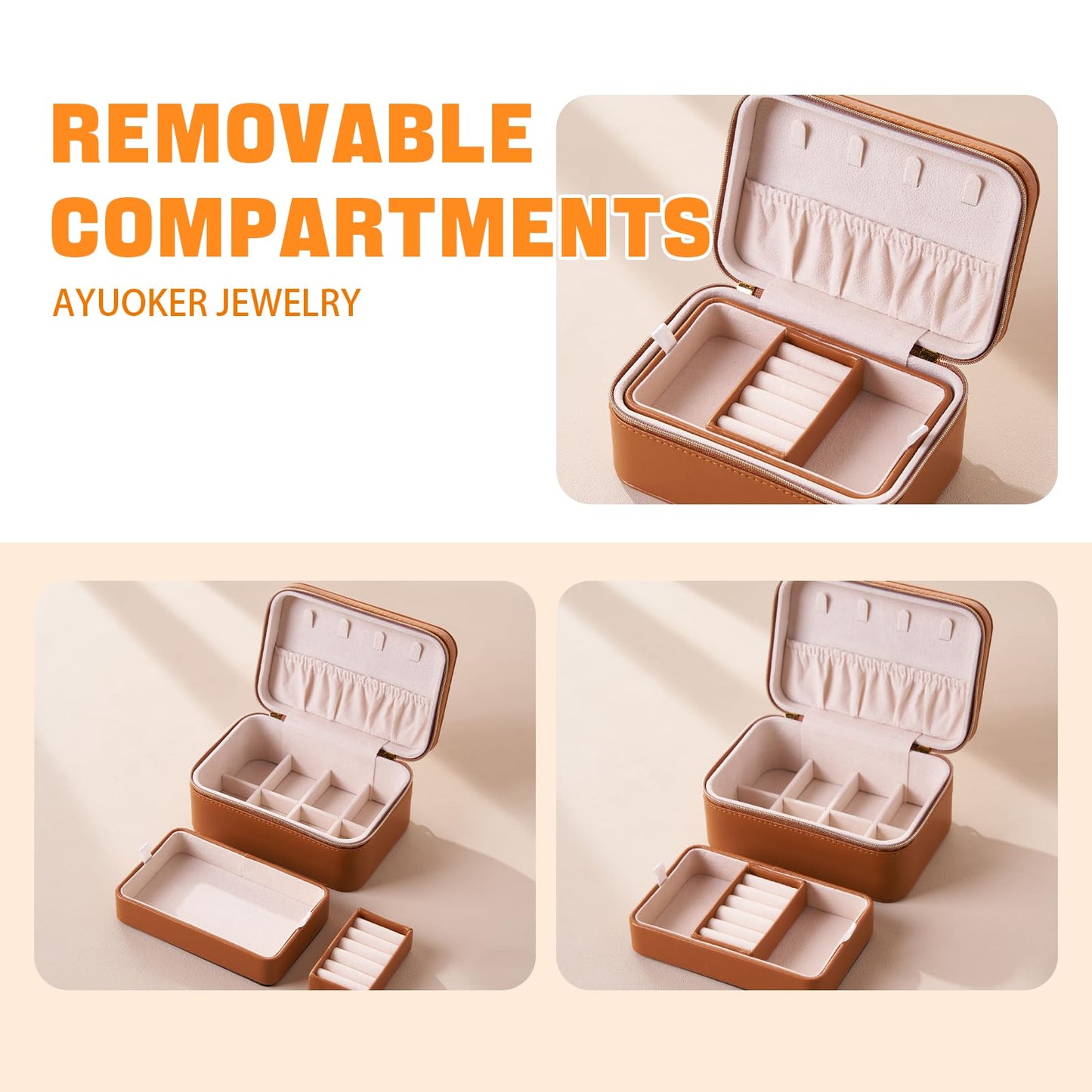 AYUOKER Brown Small Travel Jewelry Box,2 Layers PU Leather Travel Jewelry Box with Double Zippers, Portable Travel Jewelry Organizer for Necklace/Bracelet/Ring/Brooch