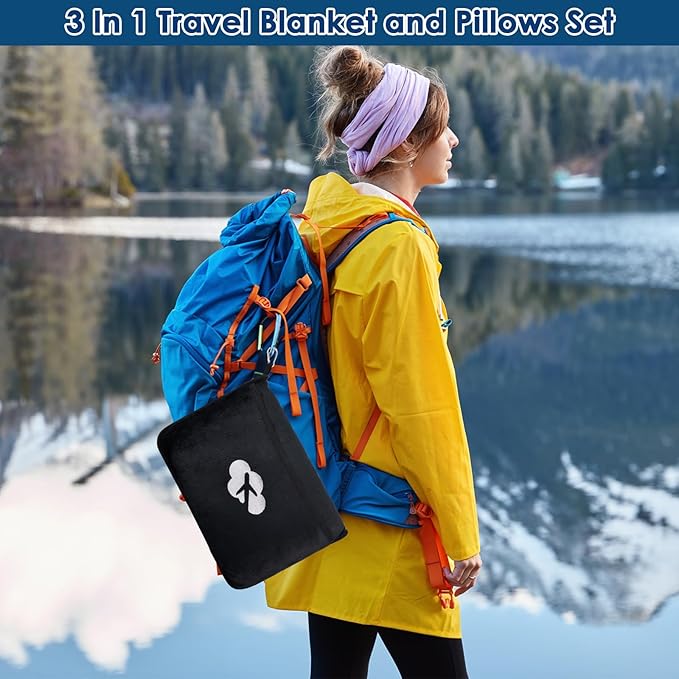 Blanket Pillow for Airplane Travel Essentials - 3 In 1 Travel Blanket and Pillow Set for Women Gift, Plane Compact with Bag for Long Flight, International Traveler Must Haves Flying Accessories(Black)