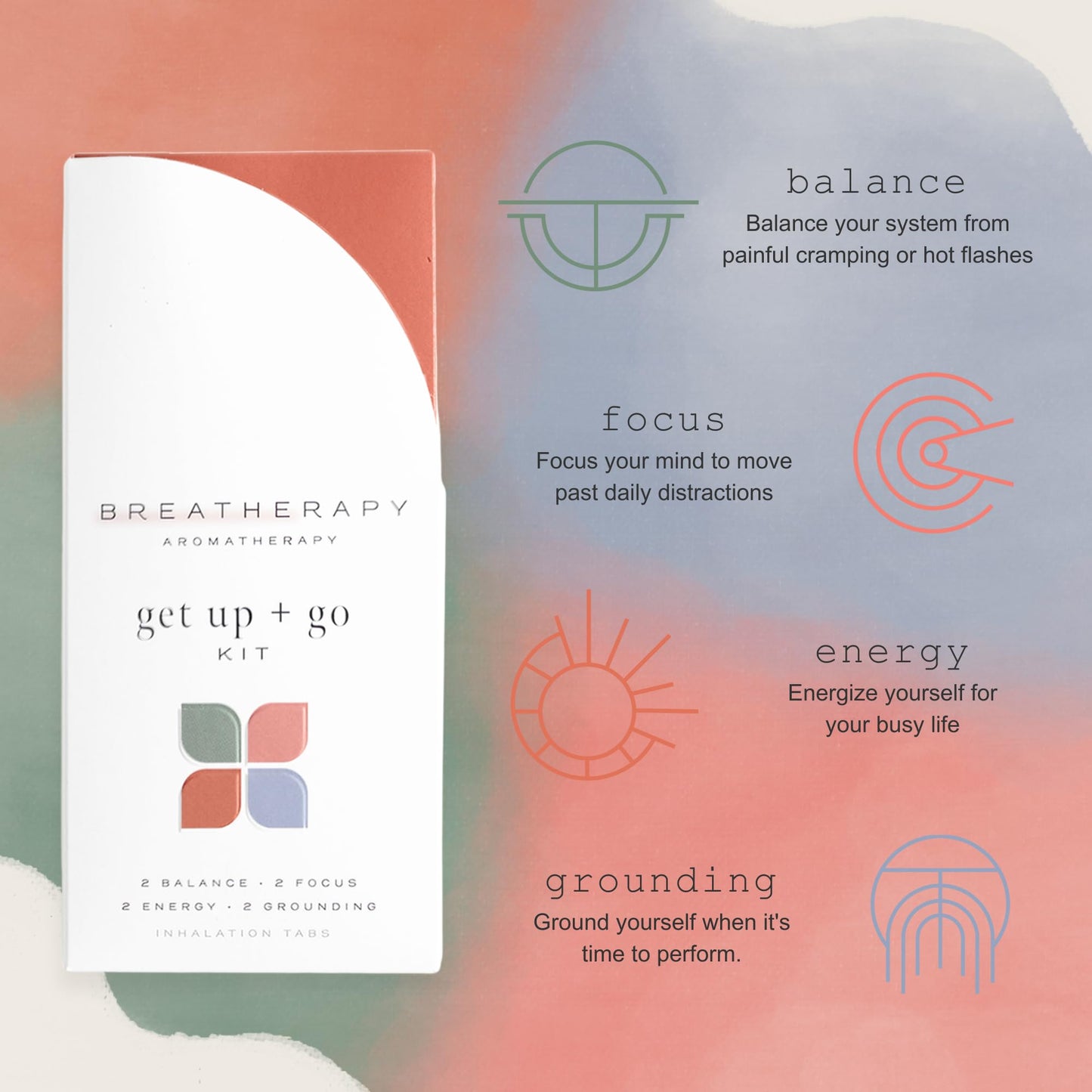 Breatherapy Get Up + Go Kit - Pure Essential Oil Aromatherapy InhalationTabs, 8-Pack (2 Each: Energy, Focus, Balance, Grounding)