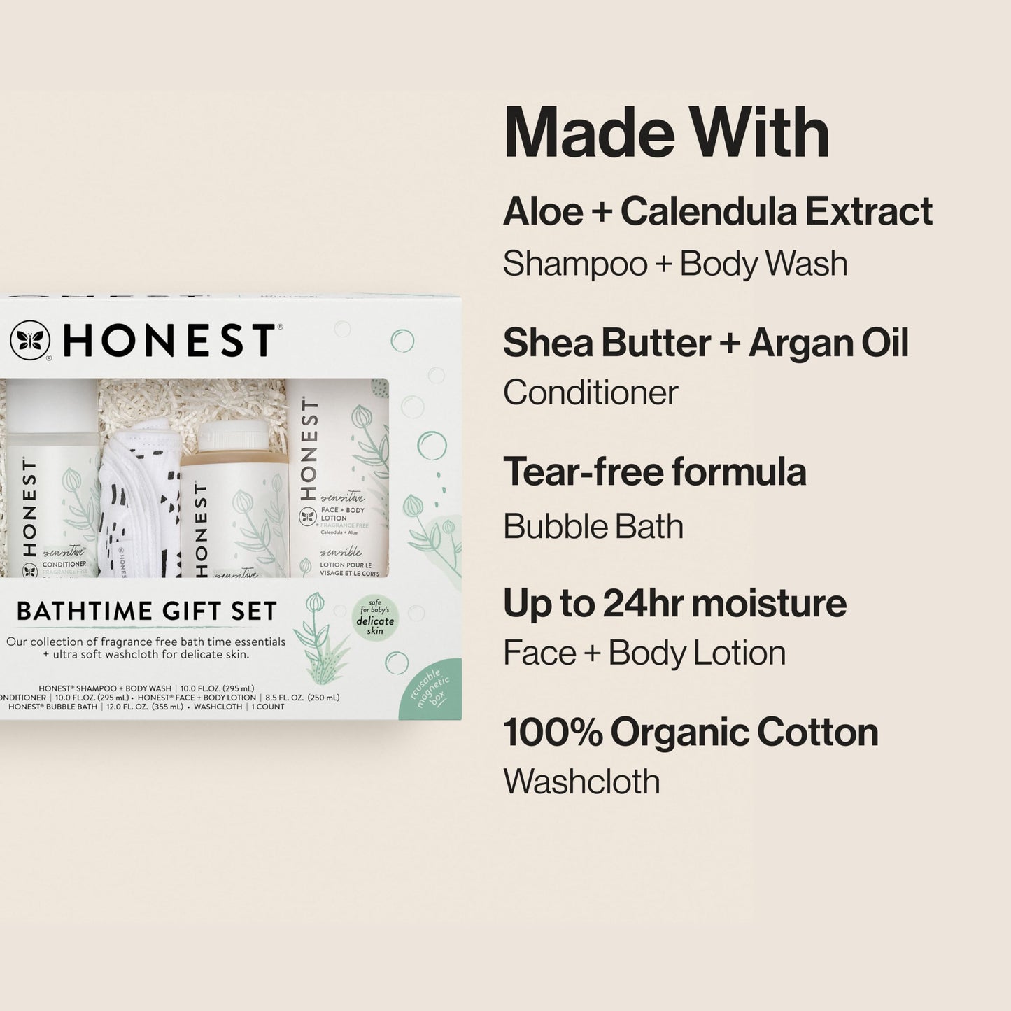 The Honest Company Fragrance Free Bathtime Gift Set | Hypoallergenic Bath Essentials for Sensitive Skin | Shampoo + Body Wash, Face + Body Lotion, Bubble Bath, Conditioner, Wash Cloth