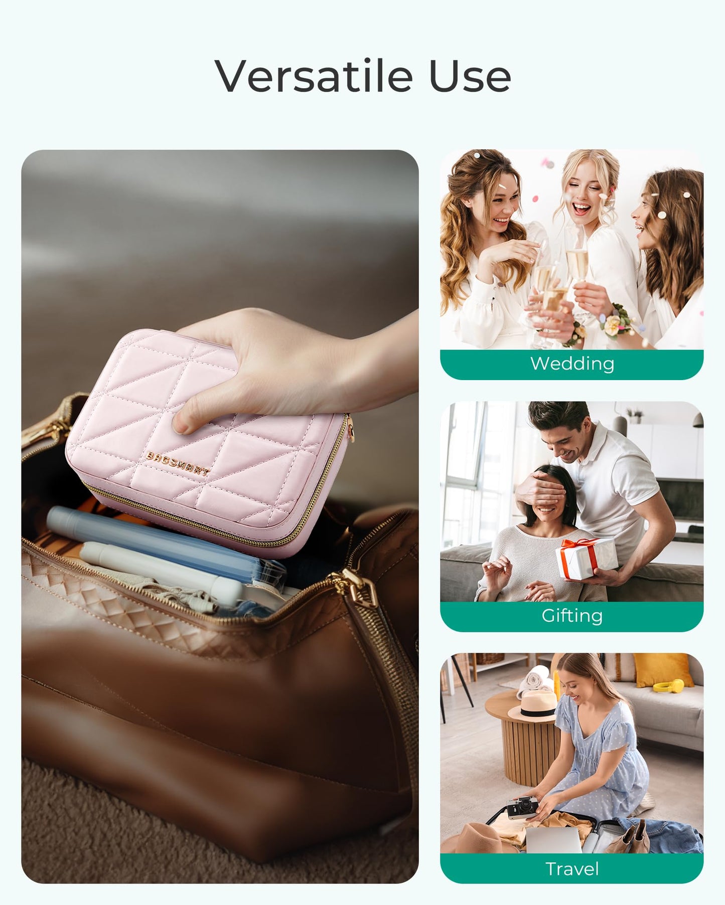 BAGSMART Travel Jewelry Box, Small PU Leather Jewelry Organizer, Portable Double Layer Case for Necklaces, Rings, Earrings, Bracelets, Pink