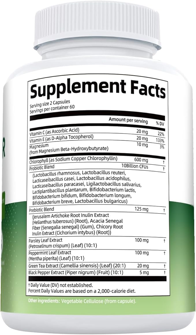 Chlorophyll Body Deodorizing Supplement with 10 Billion CFU Probiotic, Vitamin C & E, Parsley, Peppermint, Green Tea, Prebiotics, Chlorophyll Capsules Supports Breath & Whole-Body Freshness, 120 Caps